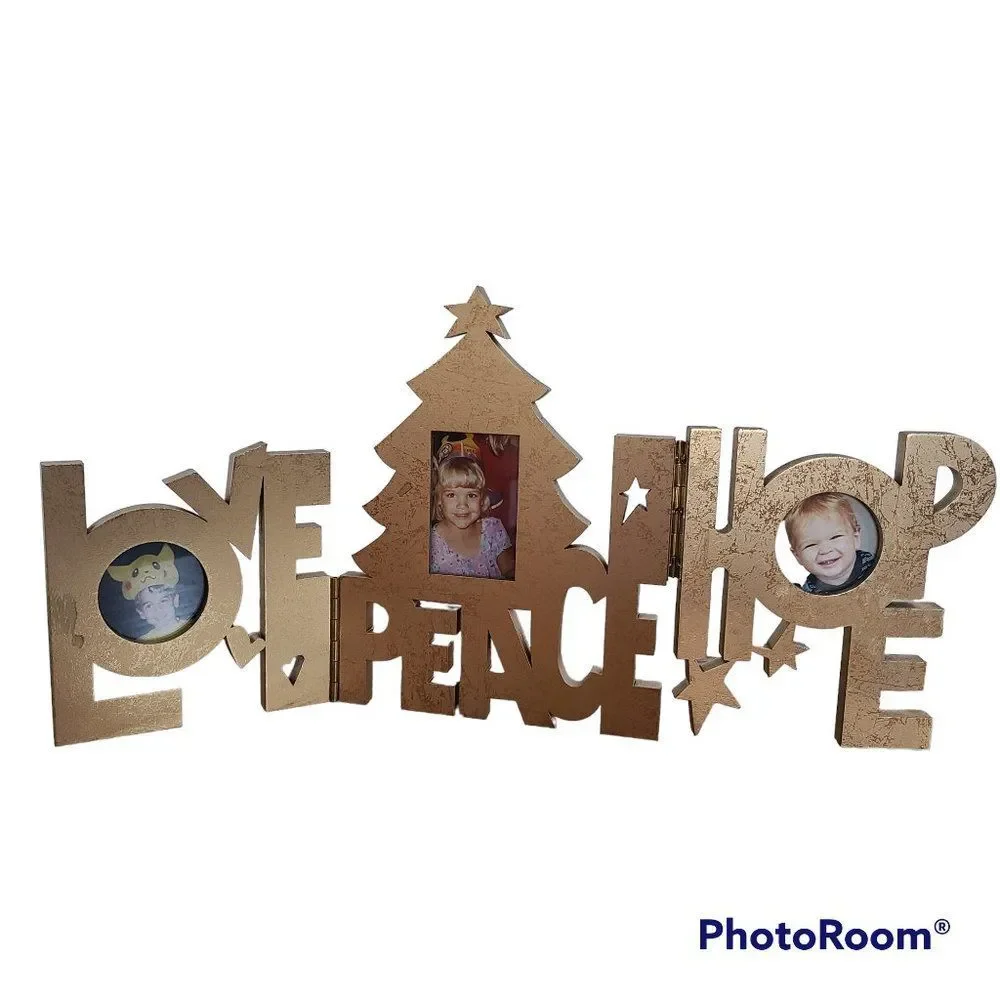 Love Peace Hope Tri-Fold Photo Frame Christmas Theme Tree Stars Heart Vintage